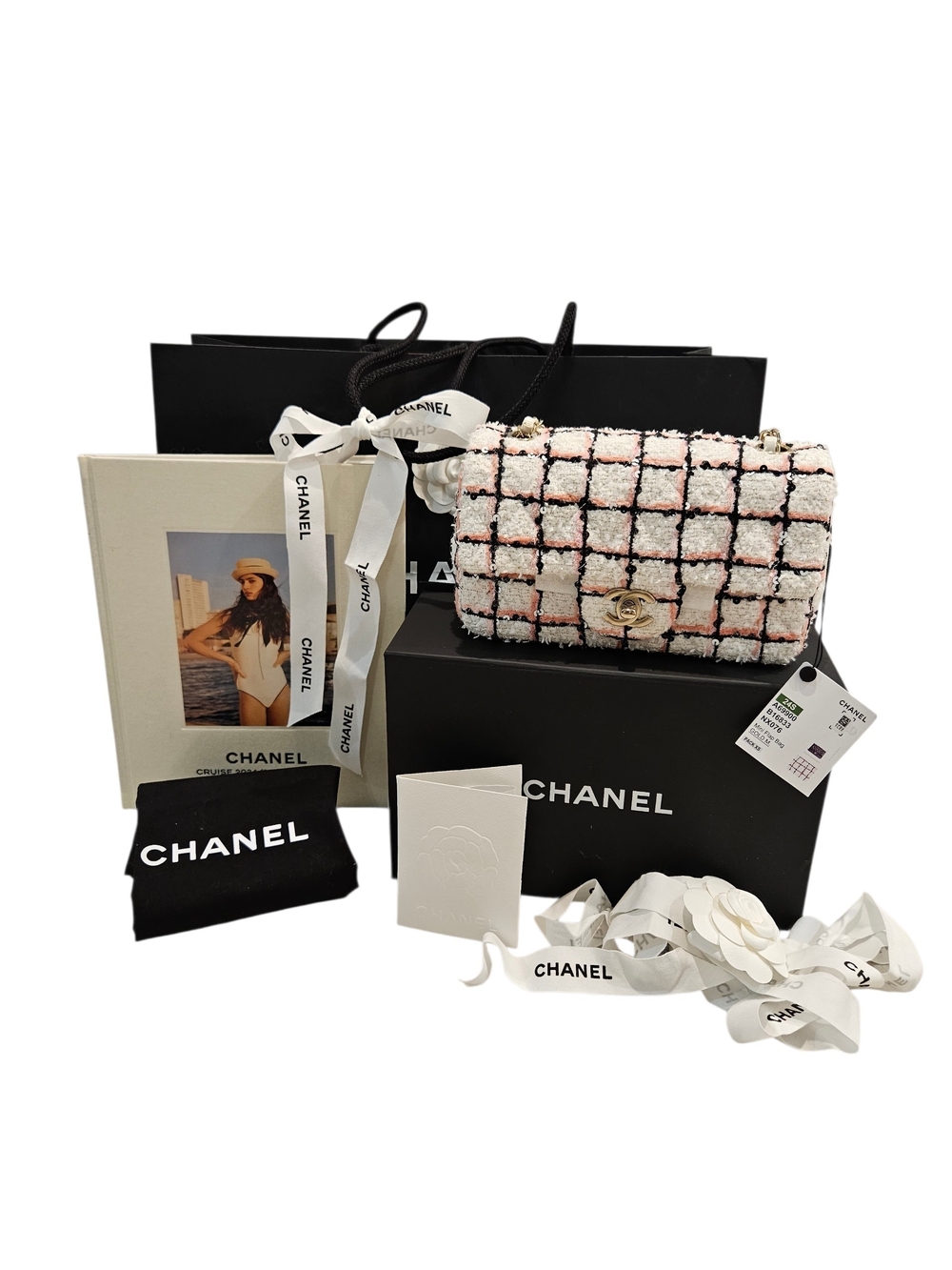 Chanel 24P Tweed Sequin Mini Rectangular Flap Bag Pink White GHW NIB